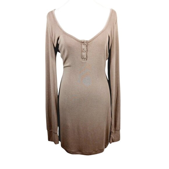 SKIMS Dresses & Skirts - SKIMS, NWT LG, Tan Mini Dress, Long Sleeve Deep Rounded Neckline Soft, Body Con